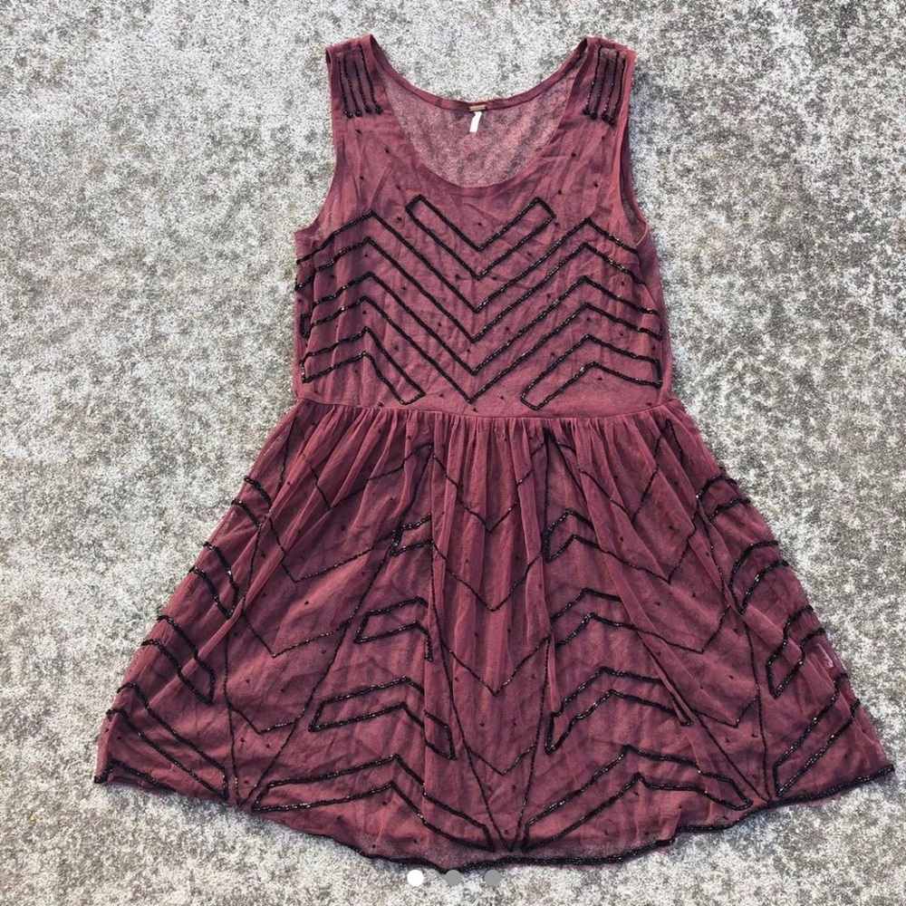 Red beaded mesh netting free people tank dress burgundy red and black size M
